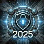 Futuristic 2025 cybersecurity shield with digital elements.