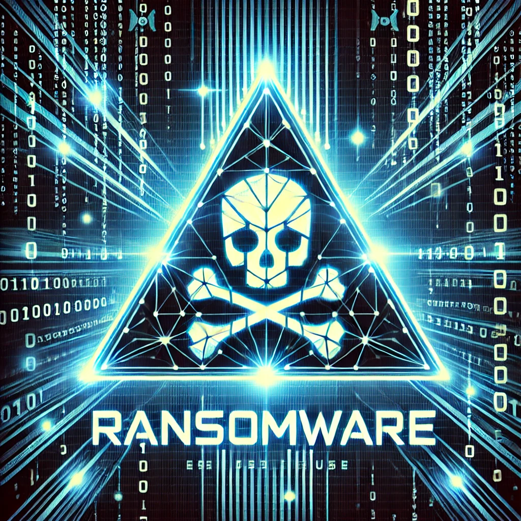 A cyber-themed design depicting a glowing triangular warning sign with a skull and crossbones inside, labeled RANSOMWARE.webp