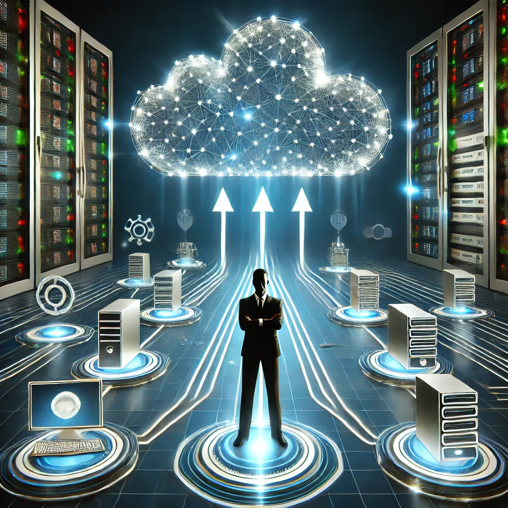 A futuristic digital illustration of a cloud backup system. The central cloud icon is prominently displayed with arrows indicating data upload and dow