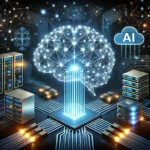 AI-powered network infrastructure with a glowing brain, servers, and data connections