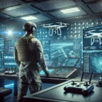 Soldier in a control room operating drones with digital overlays.