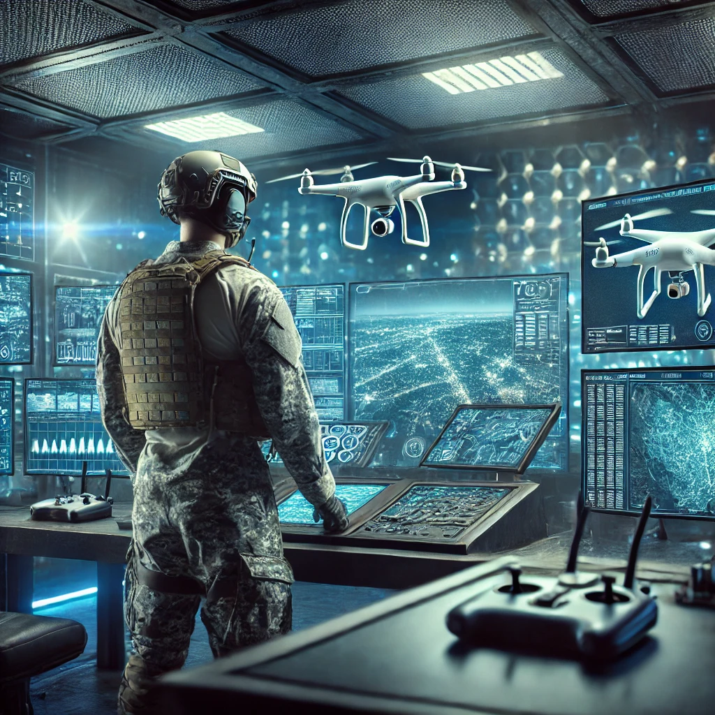 Soldier in a control room operating drones with digital overlays.