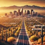 Desert cityscape with technological and network overlays.