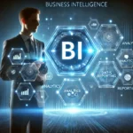 Business Intelligence (BI) interface with hexagonal analytics and reporting elements