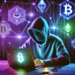Hacker in a hoodie surrounded by blockchain symbols.