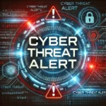 Cyber Threat Alert interface with red warning signs and padlock.