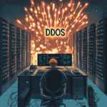 IT professional monitoring a DDoS attack in a server room with explosions in the background