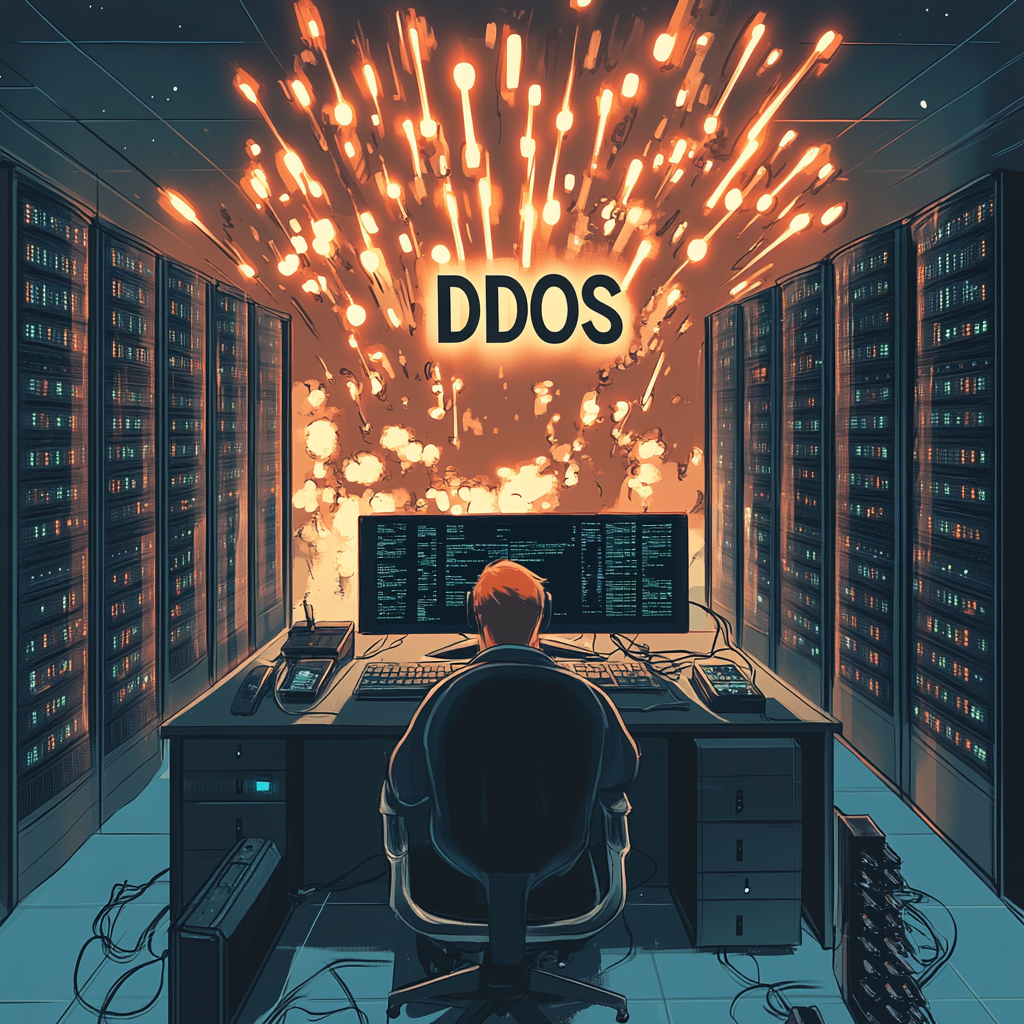 IT professional monitoring a DDoS attack in a server room with explosions in the background