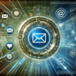 Cybersecurity email protection with icons and shield.