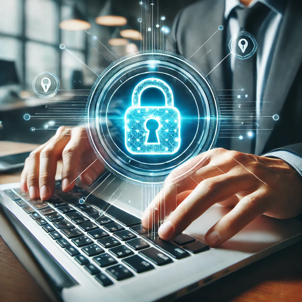 Businessperson typing on a laptop with a cybersecurity hologram.