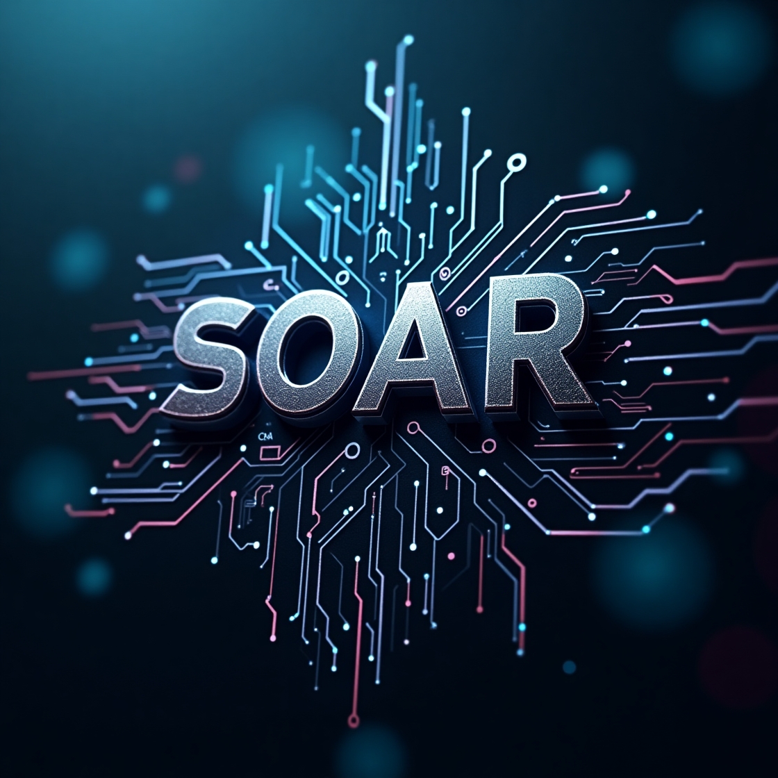 Stylized SOAR logo with glowing blue circuit lines.