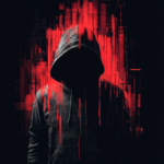 Mysterious hooded figure with red digital glitch effect