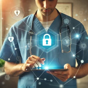 Medical professional with a holographic cybersecurity display.