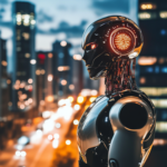 AI-enhanced humanoid overlooking a glowing cityscape.