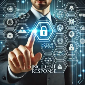 Businessman selecting a lock icon on a cybersecurity interface with 'Incident Response' text