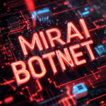 Mirai Botnet glowing neon text with a cyber background.