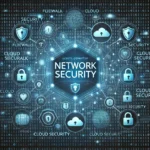 Network Security concept with blue padlocks and cloud icons.