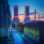 Nuclear power plant with cooling towers and a data center.
