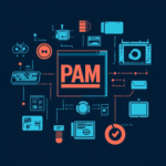PAM (Privileged Access Management) interface with icons on a dark background.