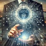 Quantum computing concept with holographic elements and a glowing chip.