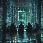Hackers working in a dark room with glowing digital code