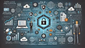 DLP (Data Loss Prevention) diagram with icons and flowcharts.