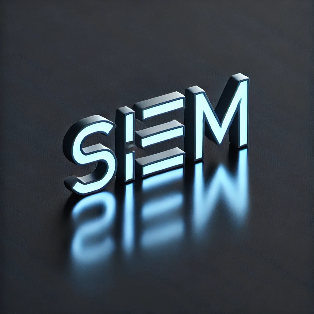 SIEM text in light blue with a reflection on a dark background