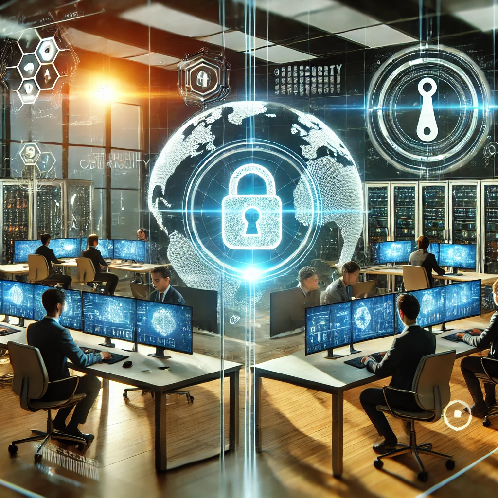 Cybersecurity operations center with analysts monitoring global threats on multiple screens