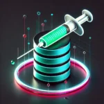 Digital illustration of a syringe injecting a database stack, symbolizing SQL injection