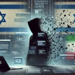 Hacker with Israeli and Iranian flags in a cyberwarfare concept.