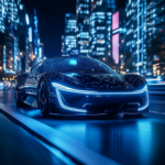 Futuristic autonomous taxi with blue neon lights in a smart city at night.
