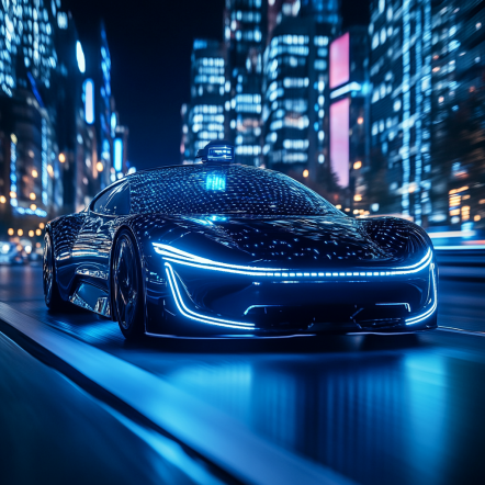 Futuristic autonomous taxi with blue neon lights in a smart city at night.