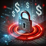 Data breach with a digital lock, binary code, and dollar signs symbolizing financial theft