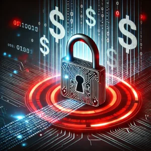 Data breach with a digital lock, binary code, and dollar signs symbolizing financial theft