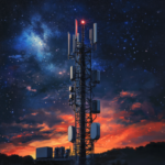 Telecommunication tower at sunset with a starry sky.