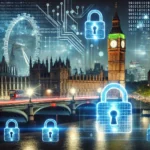 Cybersecurity icons overlaying London landmarks like Big Ben.