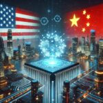 Digital clash between U.S. and China over AI technology, represented by cityscapes and national flags