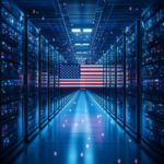 Data center with USA flag and illuminated servers.