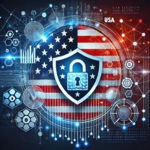 USA flag with cybersecurity shield and network icons.