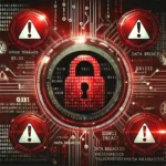 Red cybersecurity warning interface with a central digital lock.
