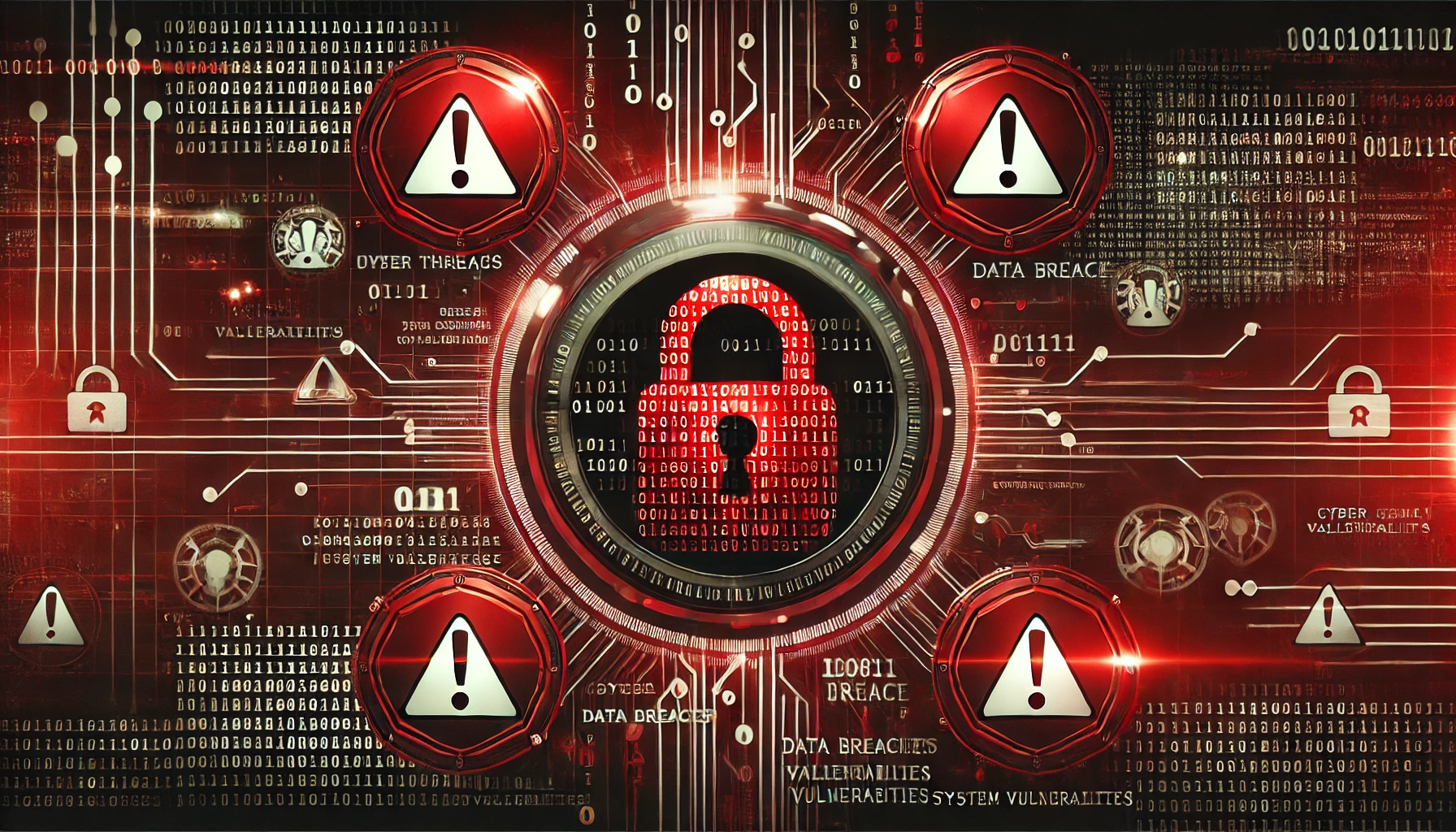 Red cybersecurity warning interface with a central digital lock.