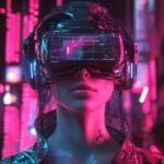 Person wearing VR headset in a neon-lit environment.