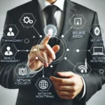 Businessperson presenting a holographic cybersecurity strategy.