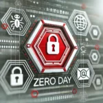 Zero-day vulnerability icon in a futuristic hexagonal cybersecurity interface