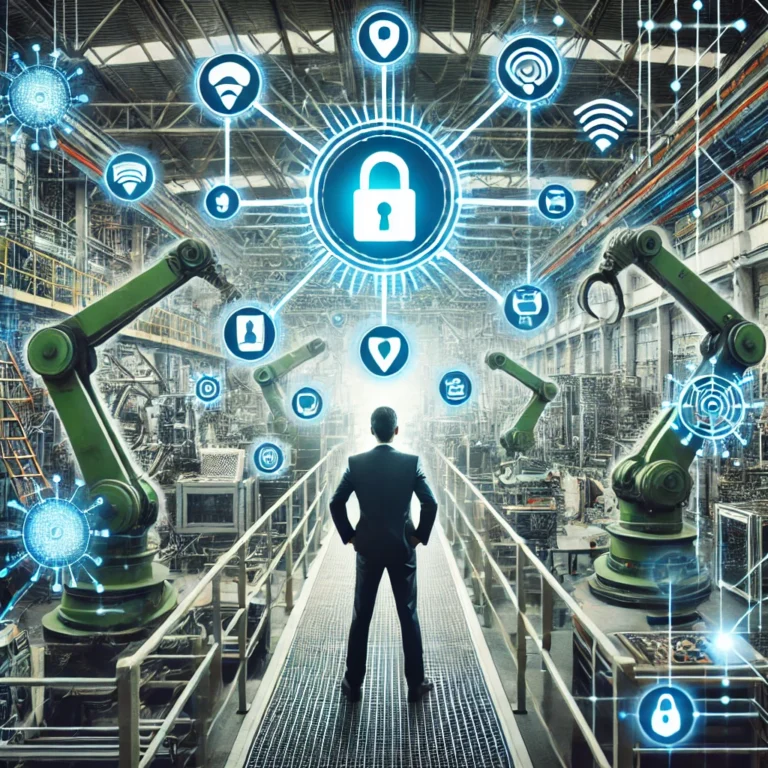 Factory floor with robotic arms and cybersecurity overlay.