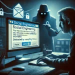 Social engineering attack concept with a hacker tricking a user.