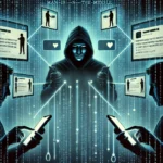 Hacker accessing personal data with floating ID cards.