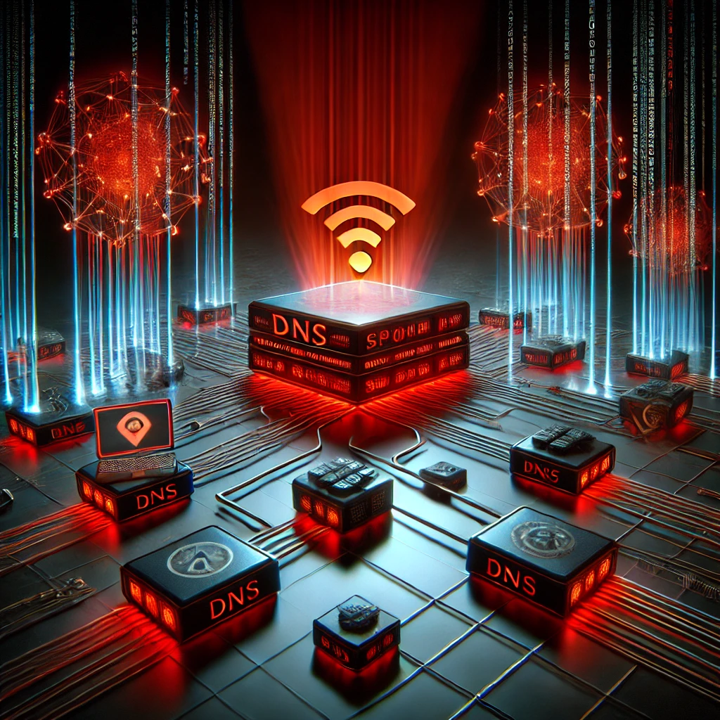 DNS security concept with glowing servers and network elements.