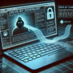 Drive-by download attack interface with hacker and laptop.