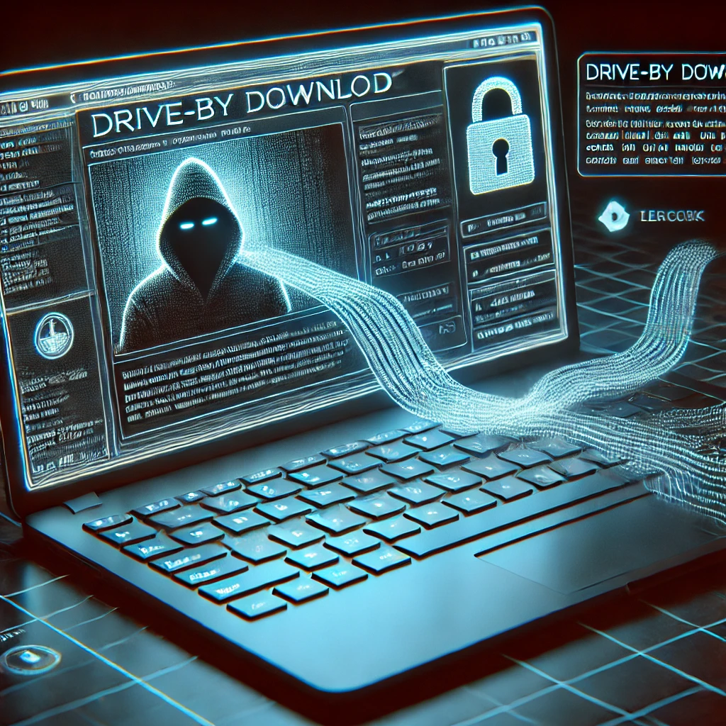 Drive-by download attack interface with hacker and laptop.